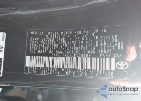 2020 Toyota Corolla Le from USA, damaged, VIN 5YFEPRAE8LP060408